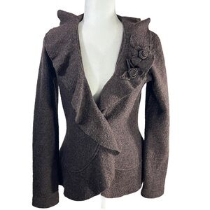 CYNTHIA ROWLEY 100% Wool Ruffle Cardigan W Rosette & Snap Closure Brown Sz Small